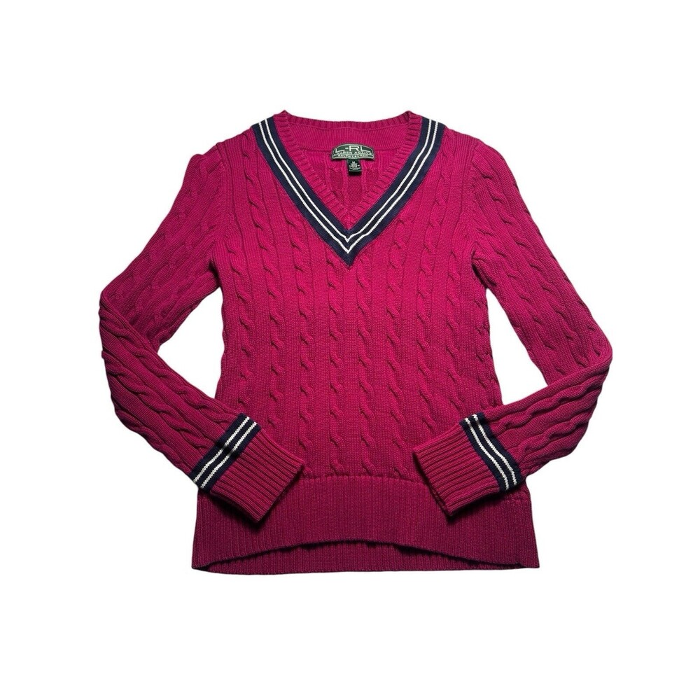 Vintage Lauren Ralph Lauren Medium Active Cable Knit V-Neck Sweater Pink #EF1